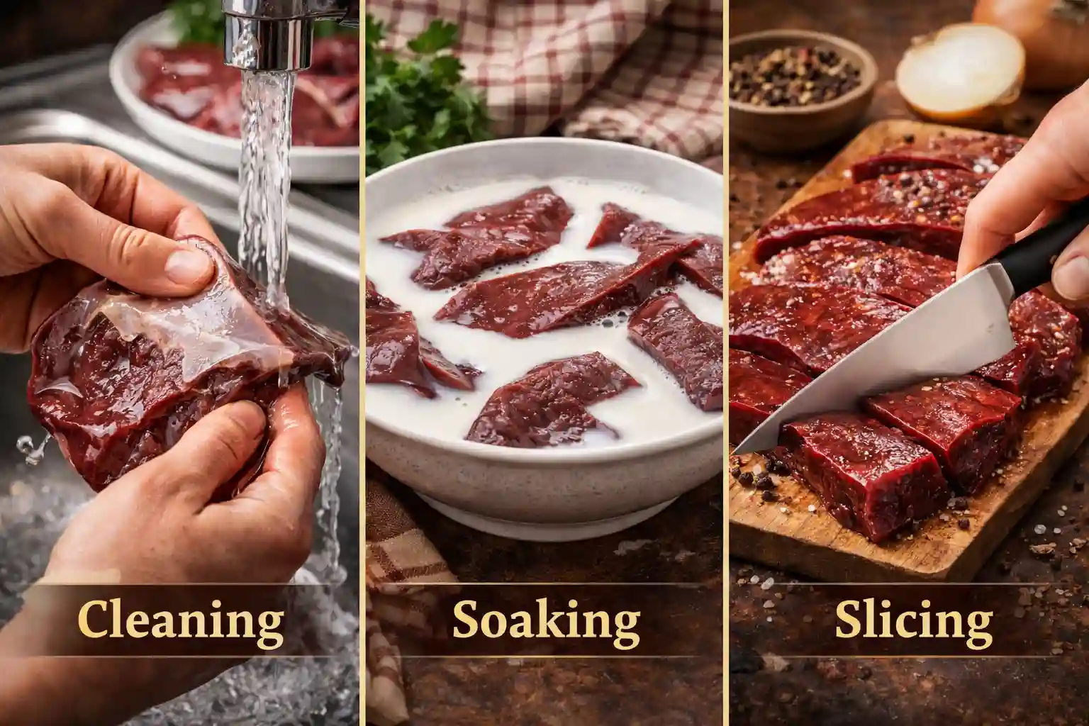 Step by step preparation of beef liver showing cleaning the liver, soaking it in milk, and slicing it evenly before cooking