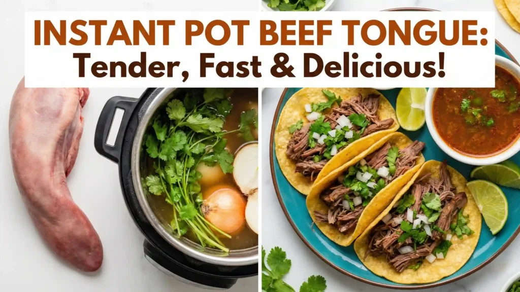 Platter of tender Instant Pot beef tongue slices served with roasted carrots and green sauce, looking like juicy brisket