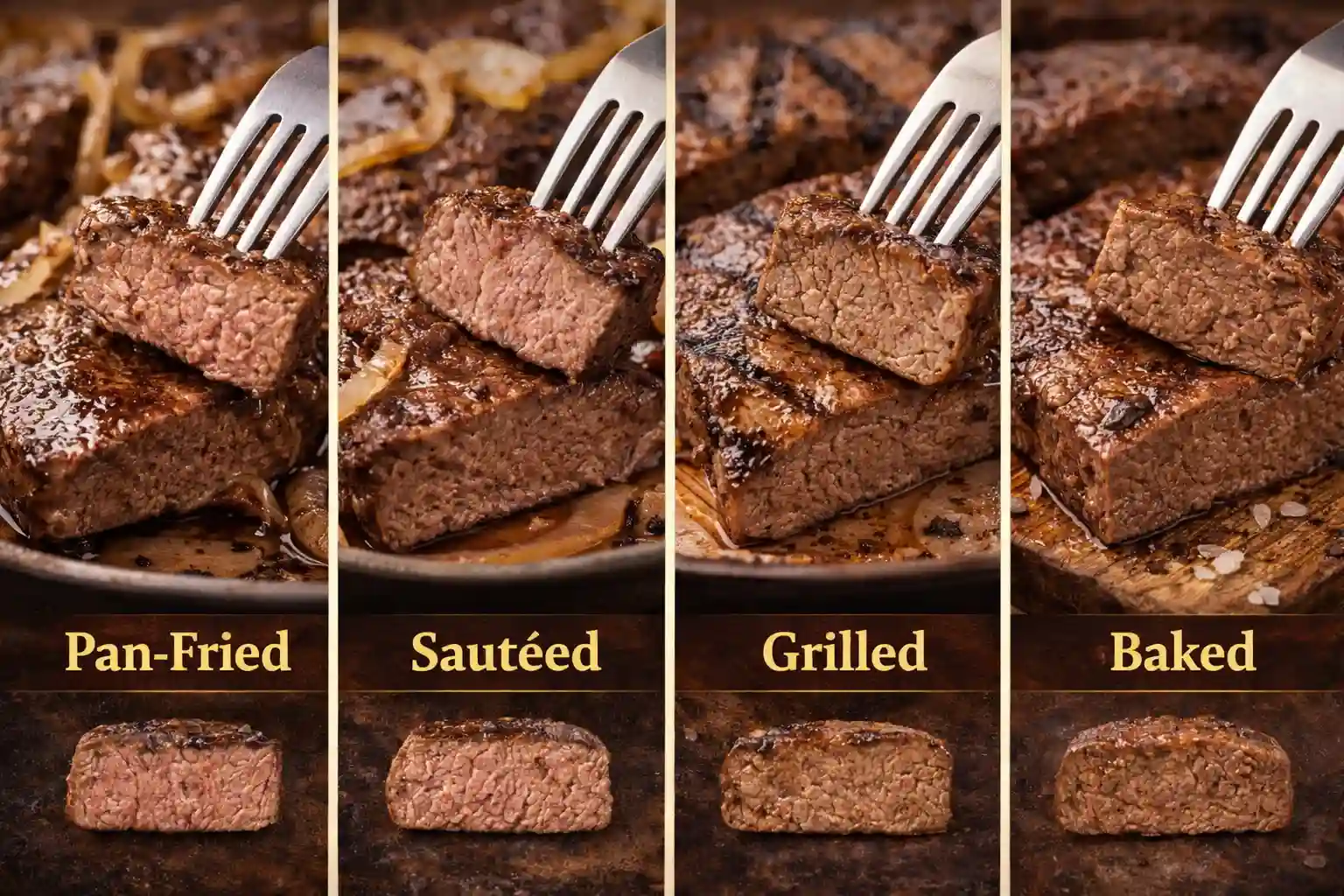 Finished beef liver dishes showing classic liver and onions, liver with bacon, country fried liver, and beef liver with gravy plated with sides