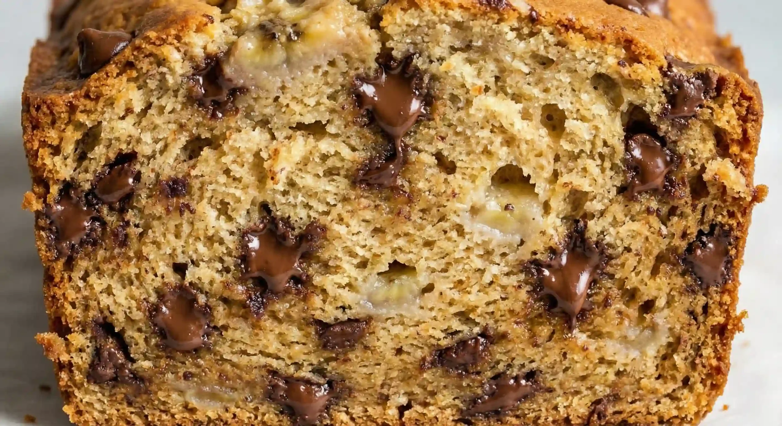 Macro photograph of the interior texture of a moist banana bread slice, showing melted chocolate chips and visible pockets of banana throughout the golden crumb.