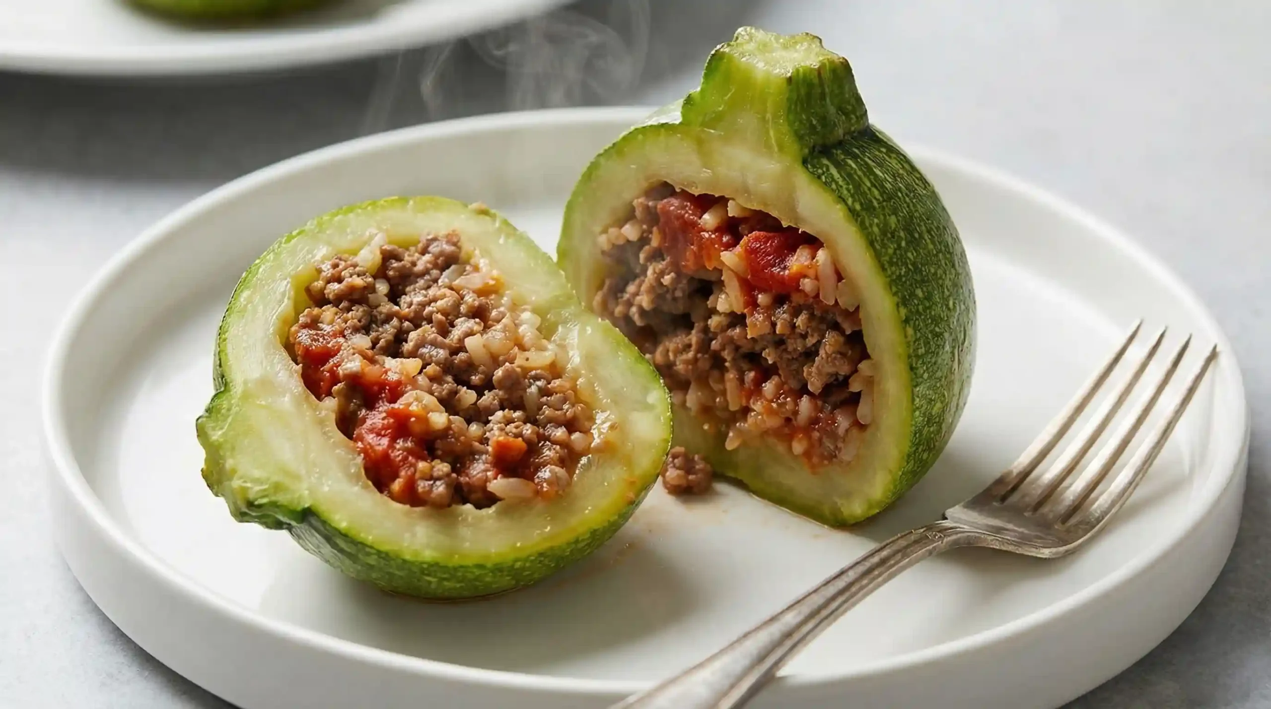 Cross section of a hot stuffed round zucchini showing the juicy meat and rice filling, perfect for round zucchini recipes.