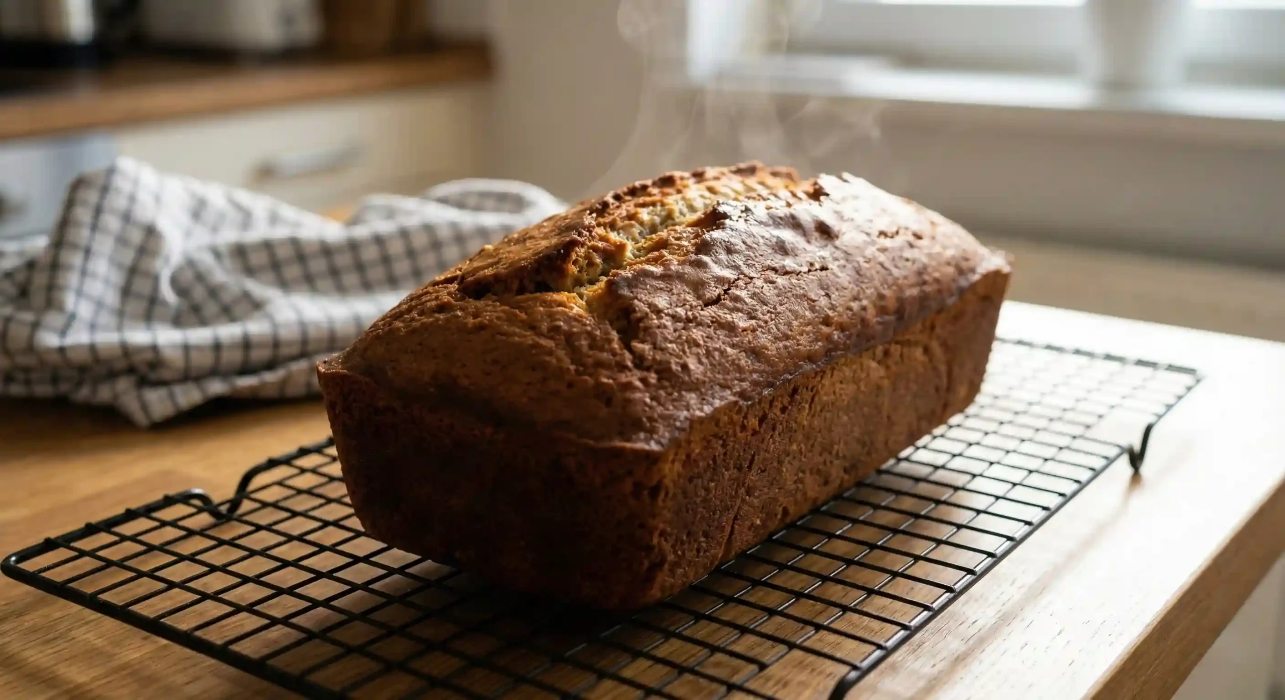 Whole freshly baked banana bread loaf cooling on a wire rack on a wooden counter, showing a golden brown crust with a rustic center crack.
