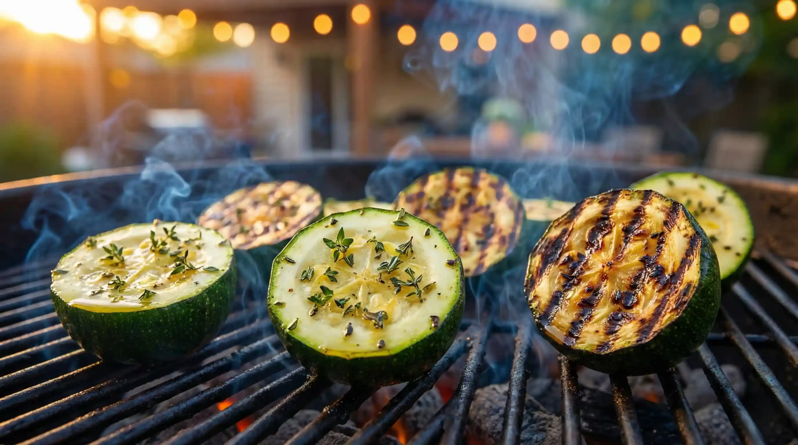 Smoky grilled round zucchini halves on a barbecue, a popular cooking method for round zucchini recipes.