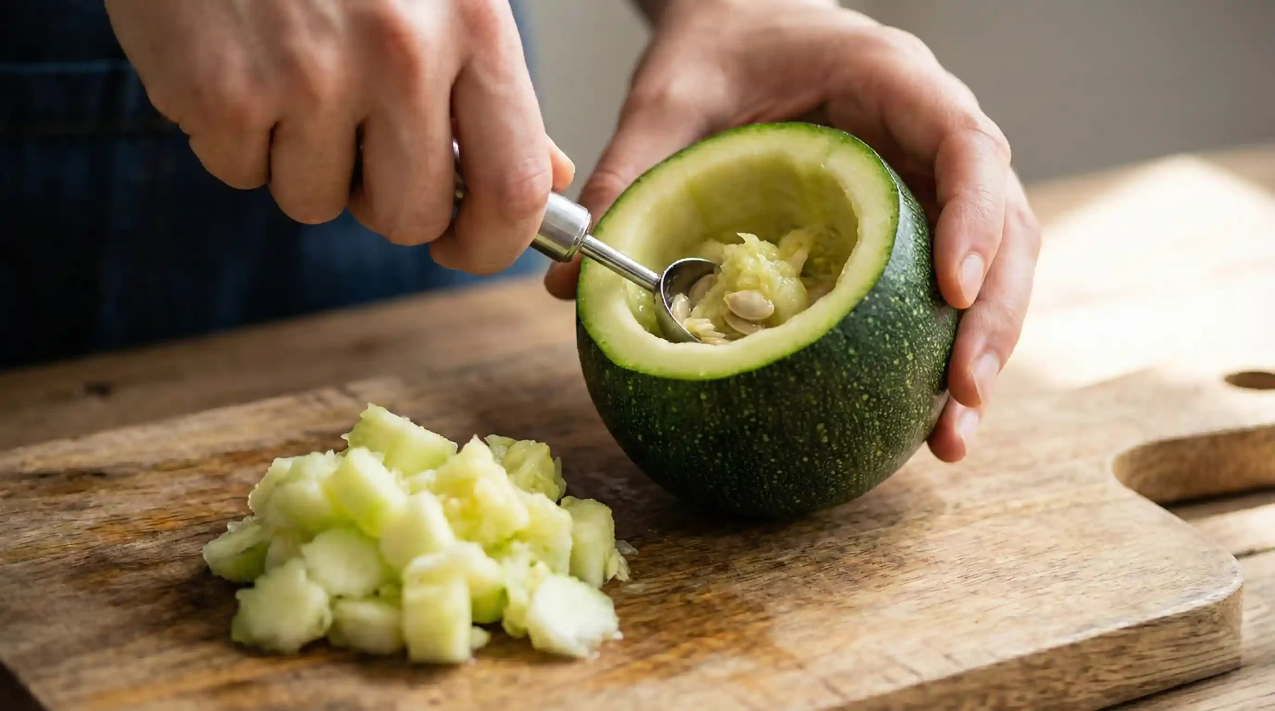 Hands using a melon baller to hollow out the center of a round zucchini to prepare it for stuffed round zucchini recipes.