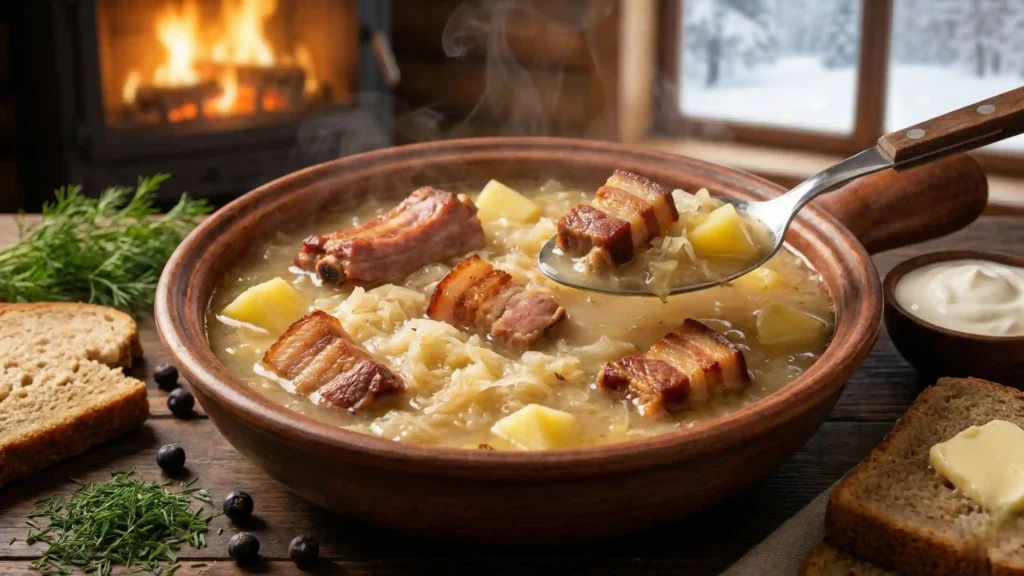A rustic ceramic bowl filled with authentic Polish pork and sauerkraut soup, featuring chunks of smoked ribs, tender potatoes, and fermented cabbage, served on a wooden table.