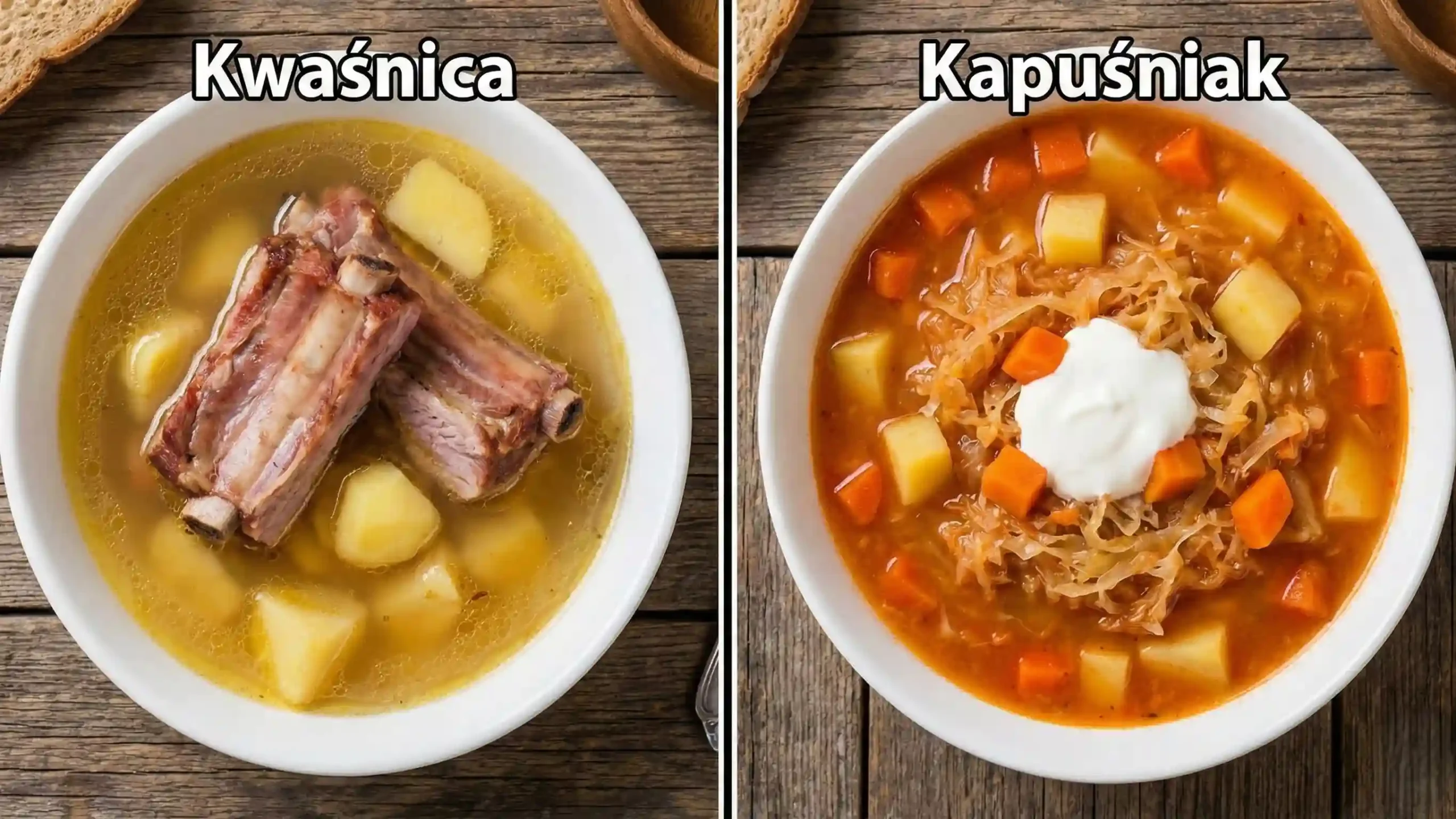 A split-screen comparison showing the difference between Kwaśnica (clear, fatty broth with ribs) on the left and Kapuśniak (reddish broth with carrots) on the right.