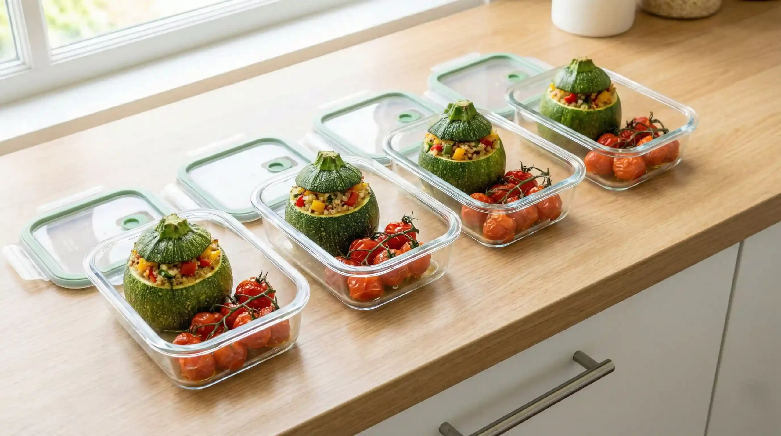 Glass meal prep containers lined up with vegetarian stuffed round zucchini recipes ready for the week.