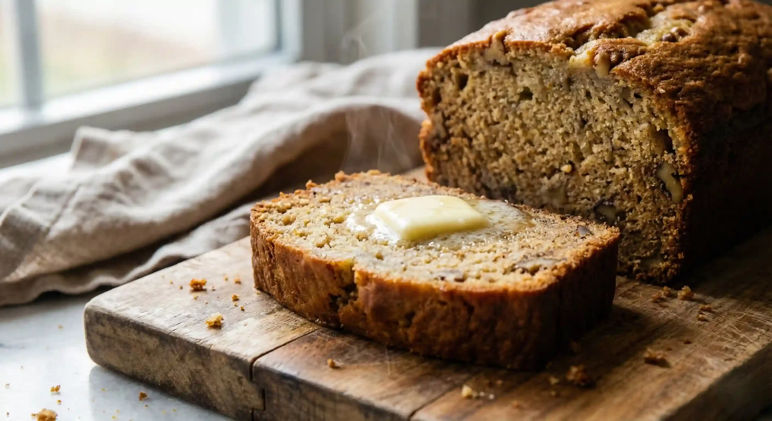 A close-up, editorial-style shot of a thick slice of moist banana bread made with two bananas, featuring melting salted butter and steam rising, set on a rustic wooden cutting board.