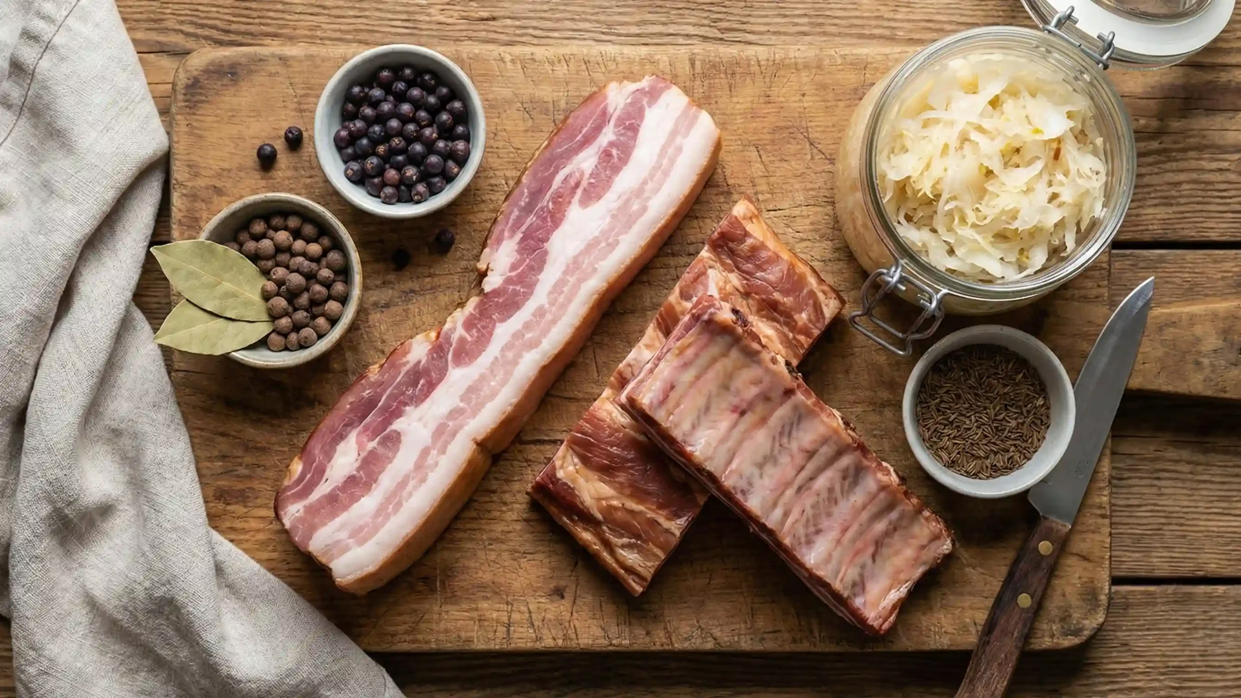 A flat-lay photograph on a wooden board showing raw ingredients for soup, including a slab of bacon, smoked pork ribs, a jar of sauerkraut, and bowls of juniper berries, allspice, and caraway seeds.