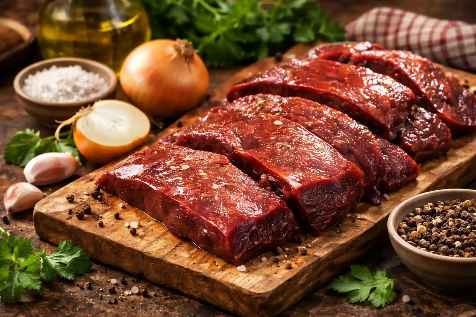 Raw sliced beef liver arranged on a wooden board with whole and cut onions, garlic, herbs, and seasonings ready for cooking