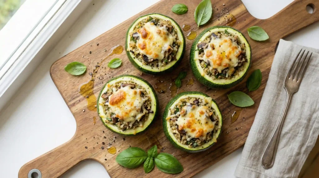 Top-down view of cheesy baked stuffed round zucchini recipes served on a rustic wooden board with fresh herbs.