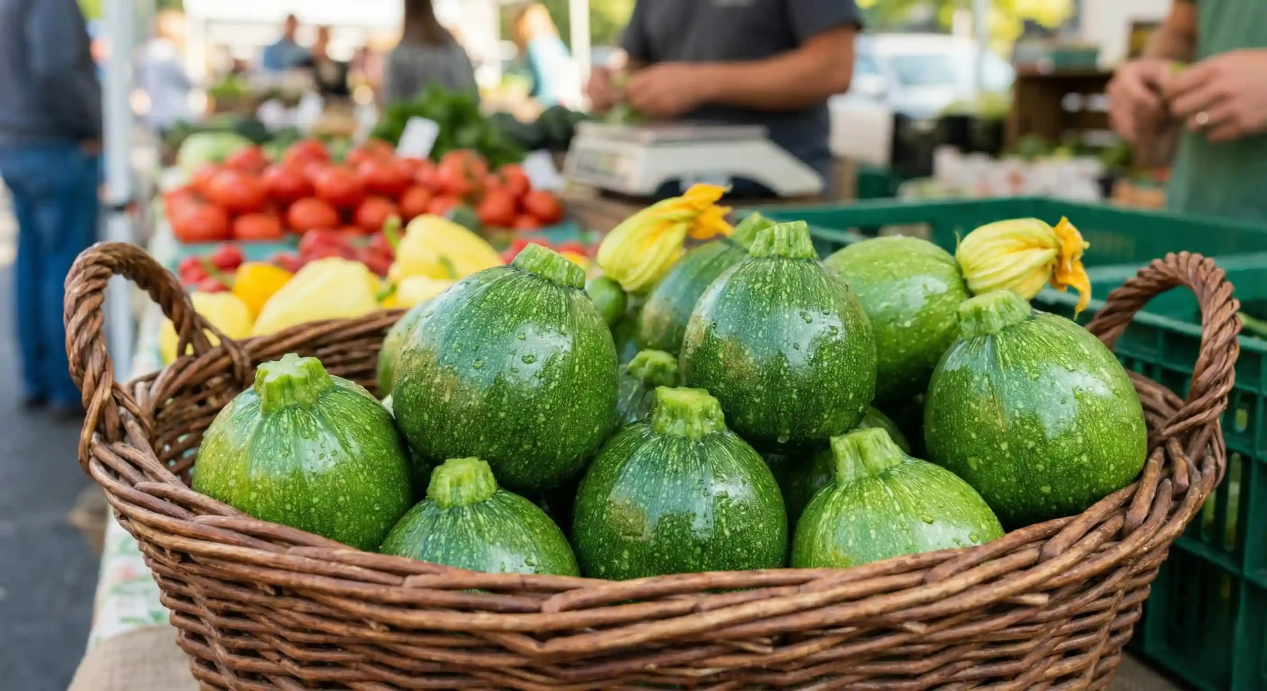 Close up of fresh round zucchini in a basket, the star ingredient for round zucchini recipes.