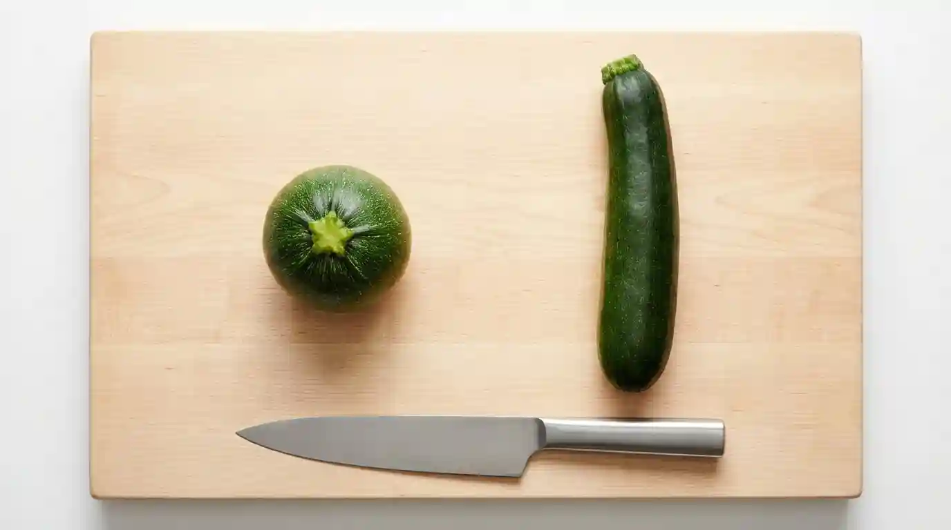 Size comparison showing round zucchini versus regular long zucchini to help choose the best type for round zucchini recipes.
