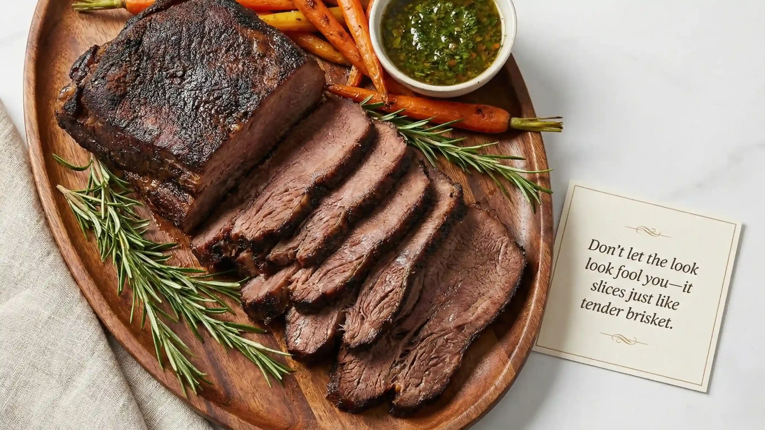 Tender sliced Instant Pot beef tongue served on a wooden platter looking like roast beef or brisket with herbs and roasted carrots