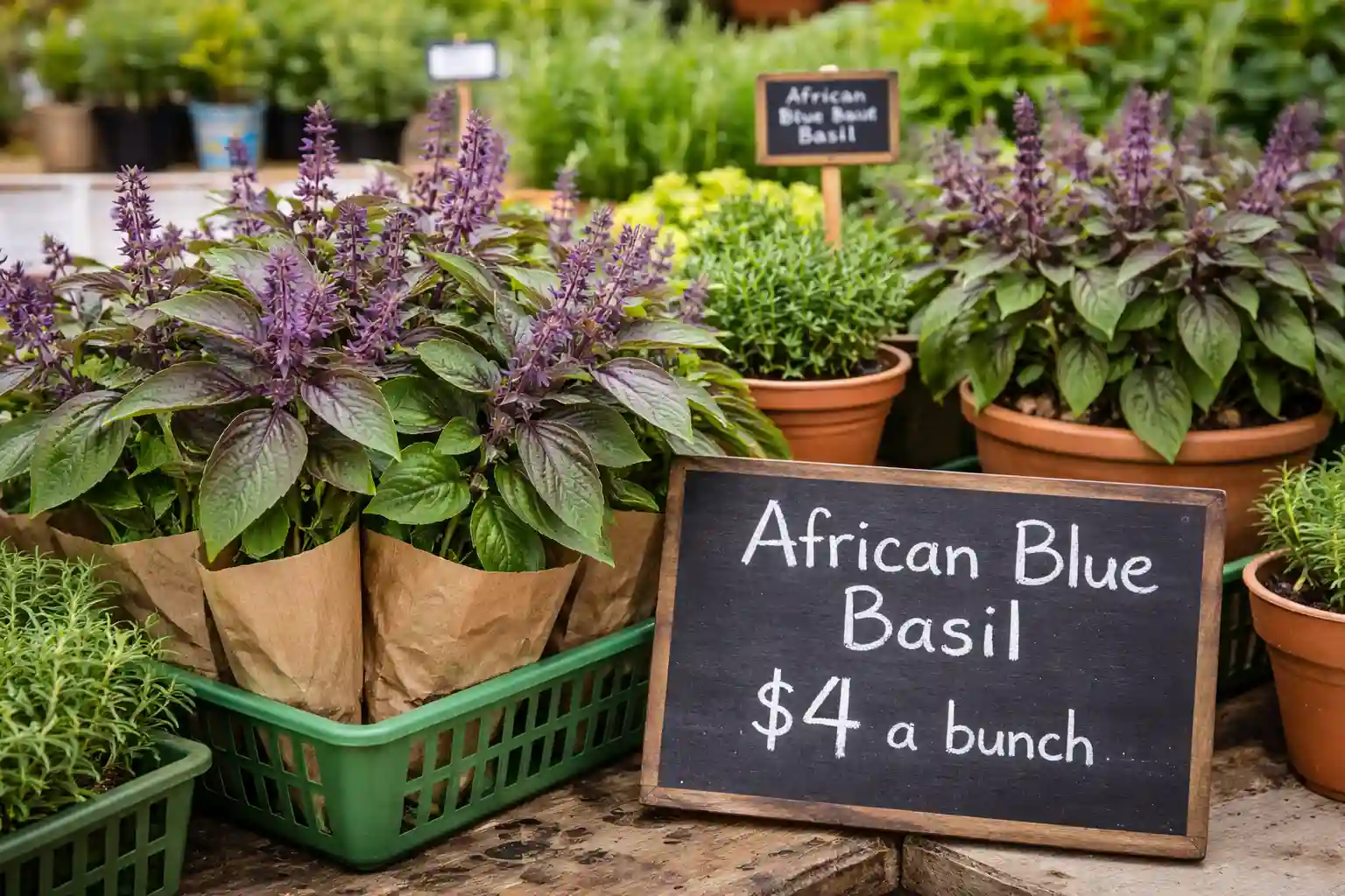 African blue basil displayed at a farmers market next to potted herb plants