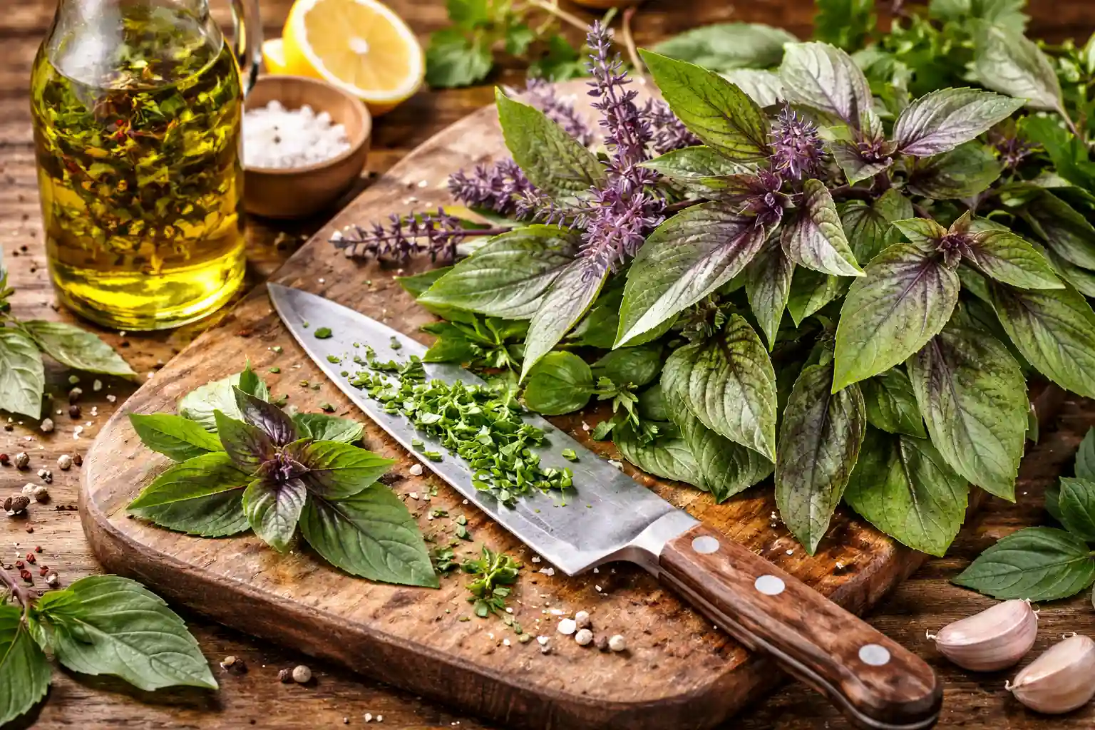 African blue basil leaves on a cutting board with a knife and olive oil nearby