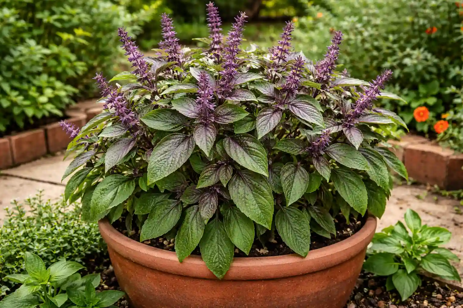 African blue basil plant growing in a large pot in a home garden