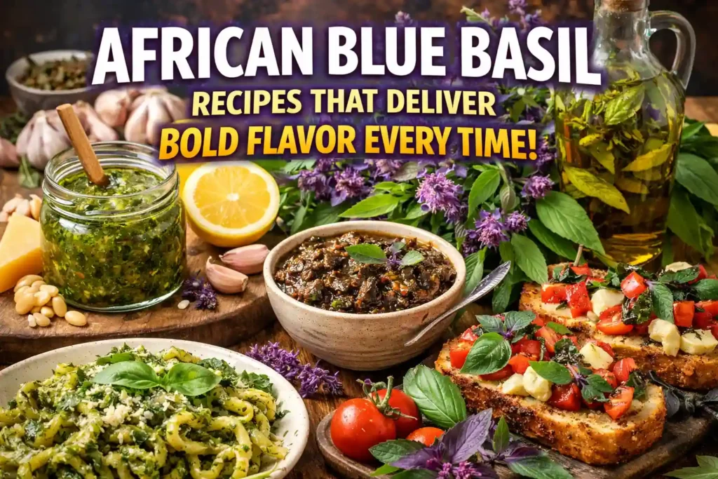 African blue basil recipes featuring pesto vinaigrette chutney and fresh herb dishes with bold flavor