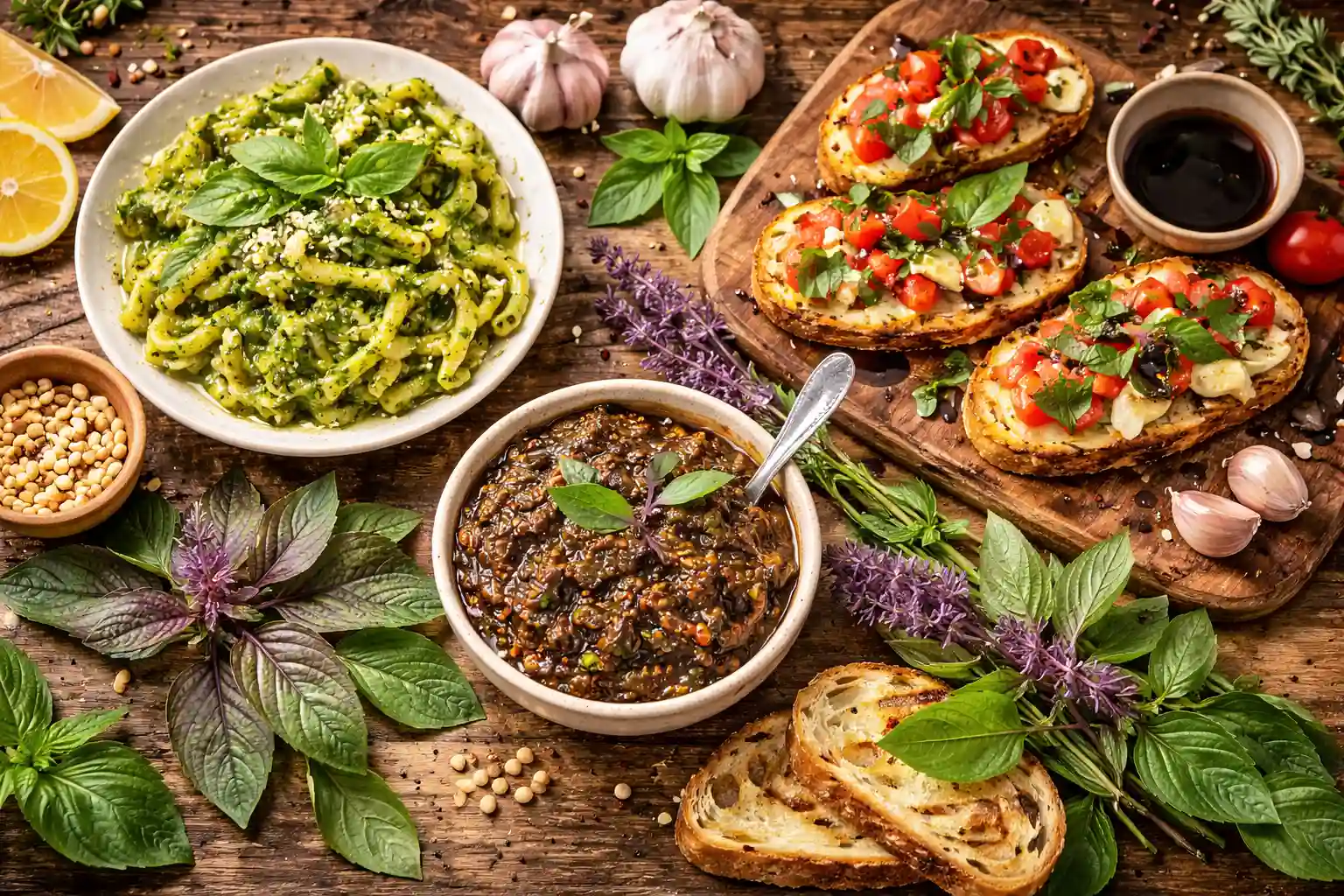 Overhead view of three finished dishes made with African blue basil