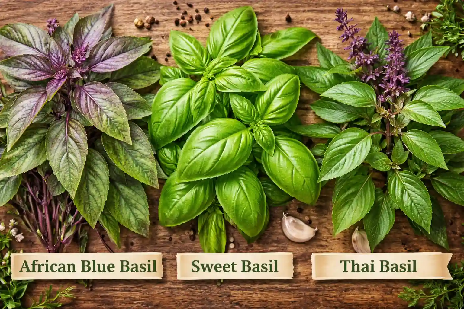 Side by side comparison of African blue basil sweet basil and Thai basil leaves
