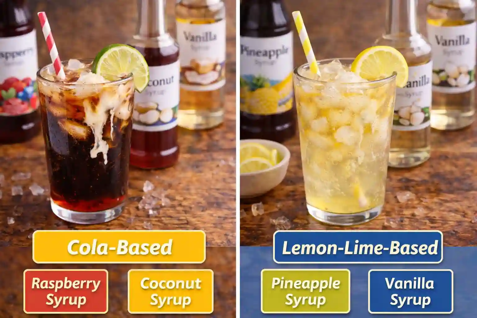 Split image showing cola based and lemon lime based dirty sodas with labeled syrups