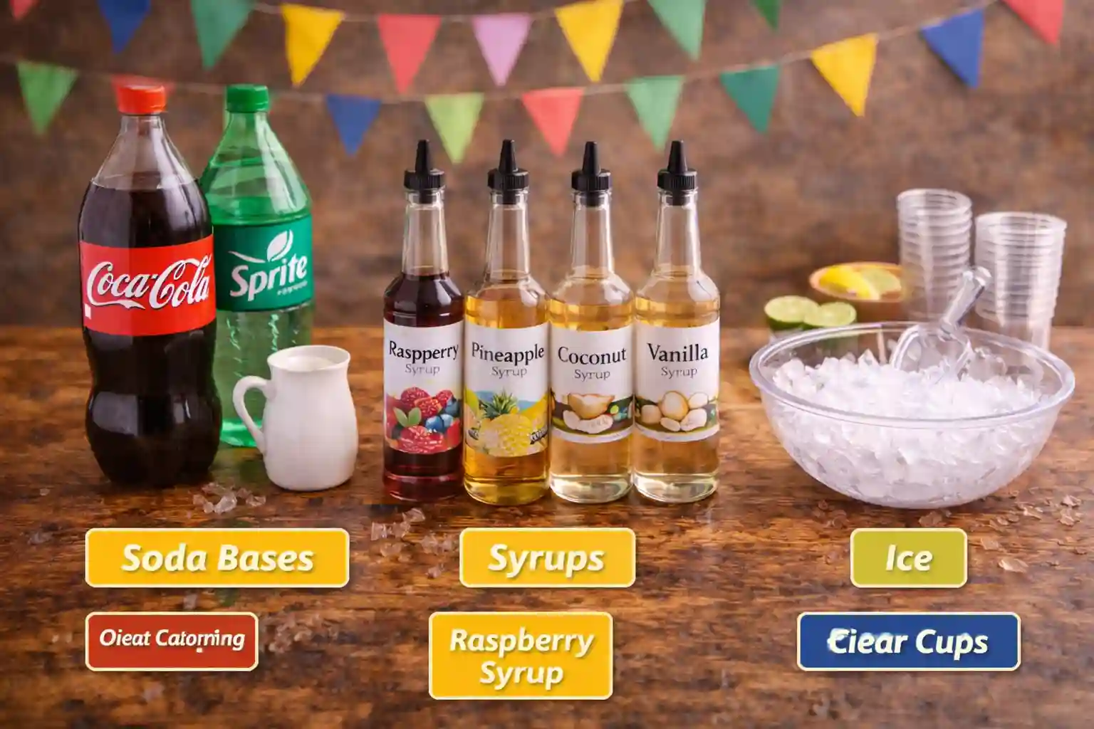 Dirty soda party bar with soda bases syrups creamers ice and clear cups