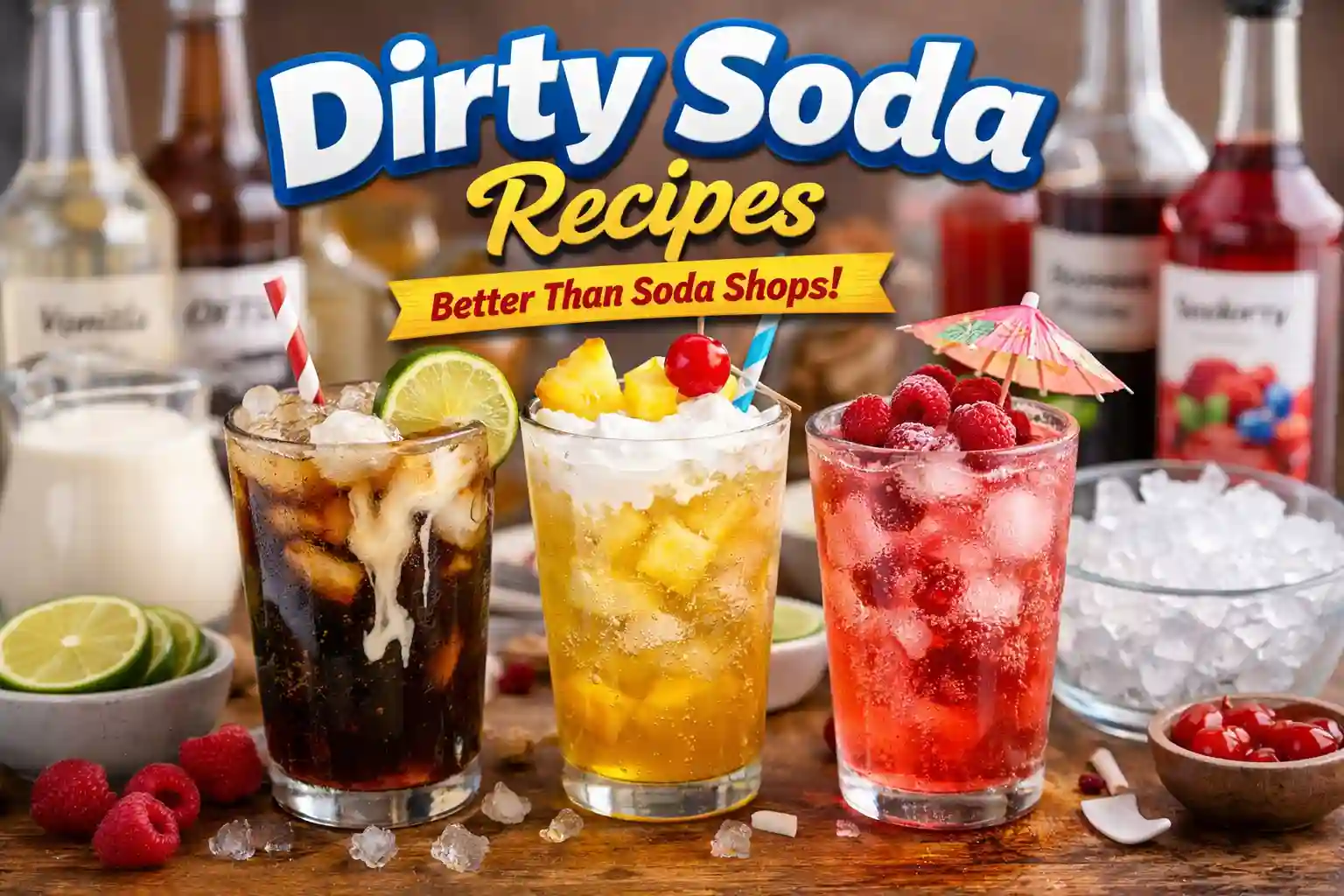 Dirty soda recipes featuring creamy cola fruity and tropical soda drinks with syrup and cream