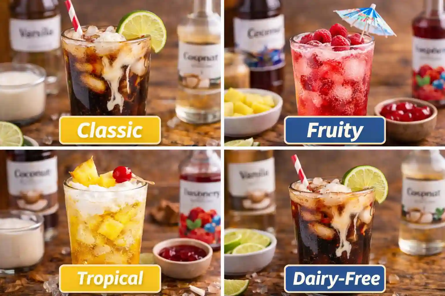 Grid image showing classic fruity tropical and dairy free dirty soda recipes