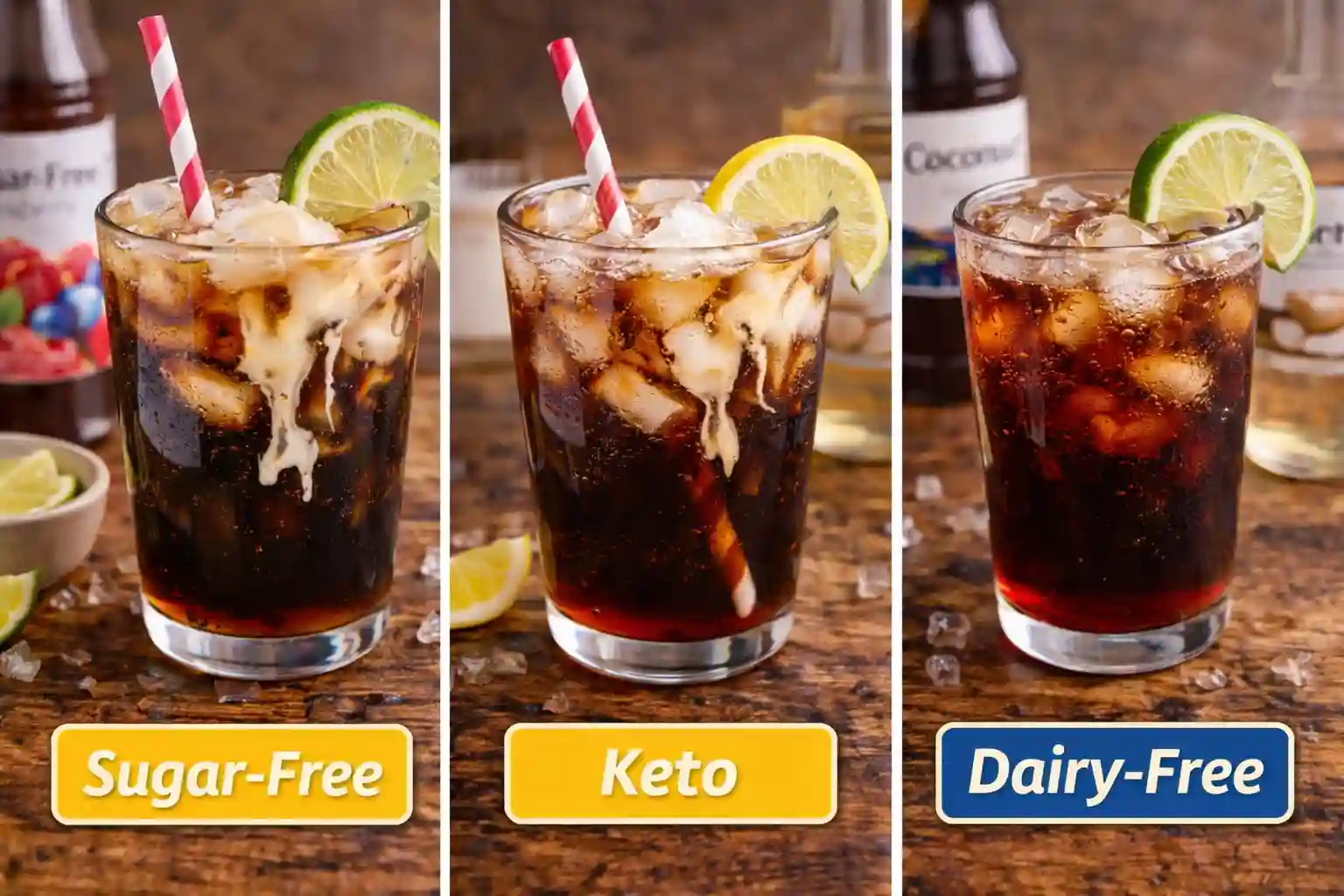 Three dirty sodas labeled sugar free keto and dairy free with ice and cream