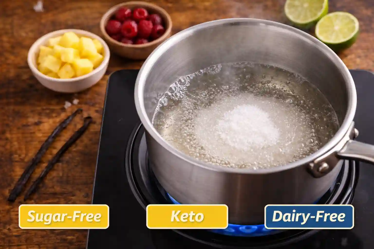 Homemade soda syrup cooking with sugar dissolving in water vanilla beans and fresh fruit