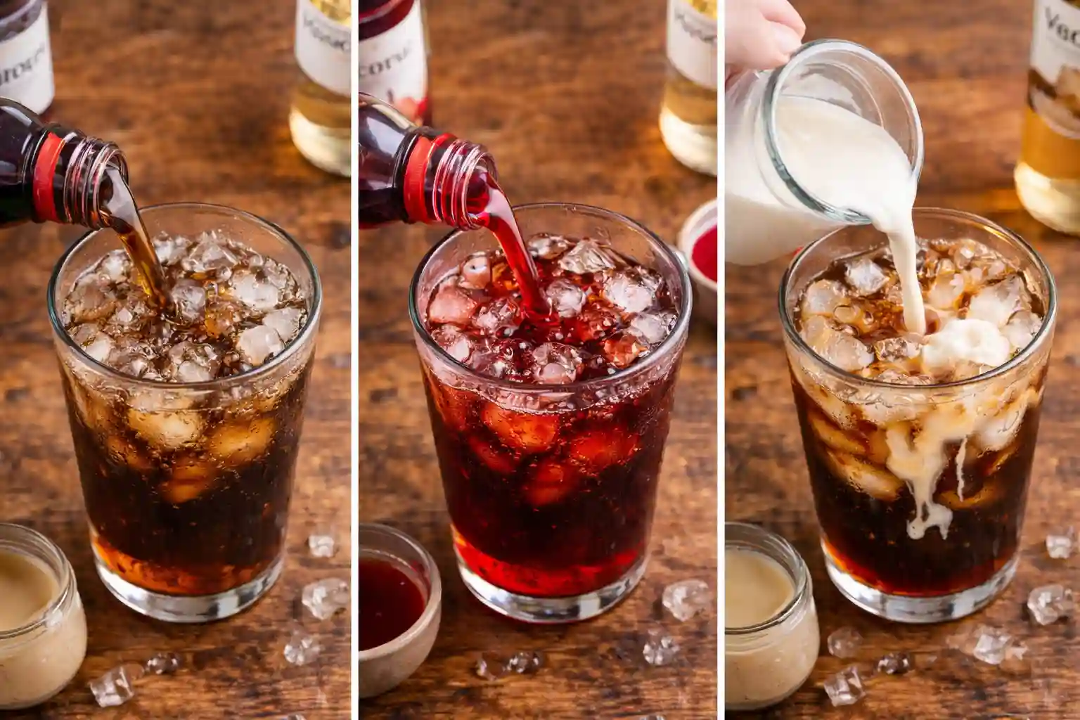 Step by step process showing soda poured over ice syrup added and cream swirled in