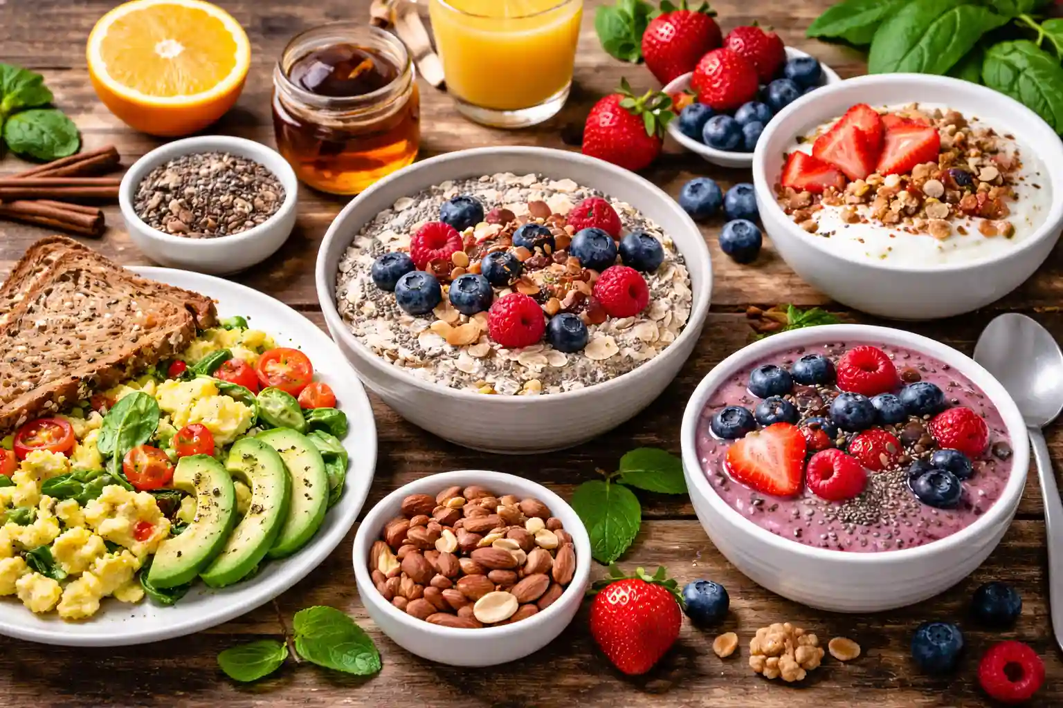 PCOS friendly breakfast spread with eggs oats berries nuts and yogurt for balanced blood sugar and protein intake