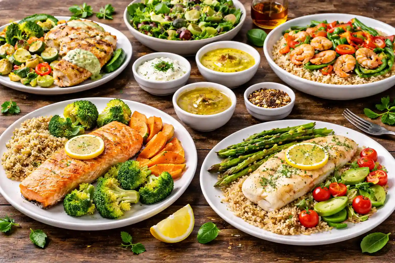 PCOS friendly dinner table with fish vegetables whole grains and simple sauces for hormone balance and steady blood sugar