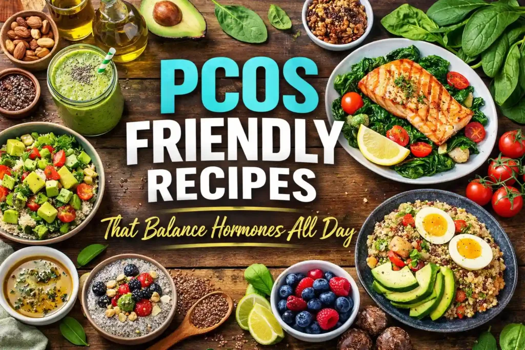 PCOS friendly recipes with balanced meals including protein fiber and healthy fats to support hormone balance and blood sugar control