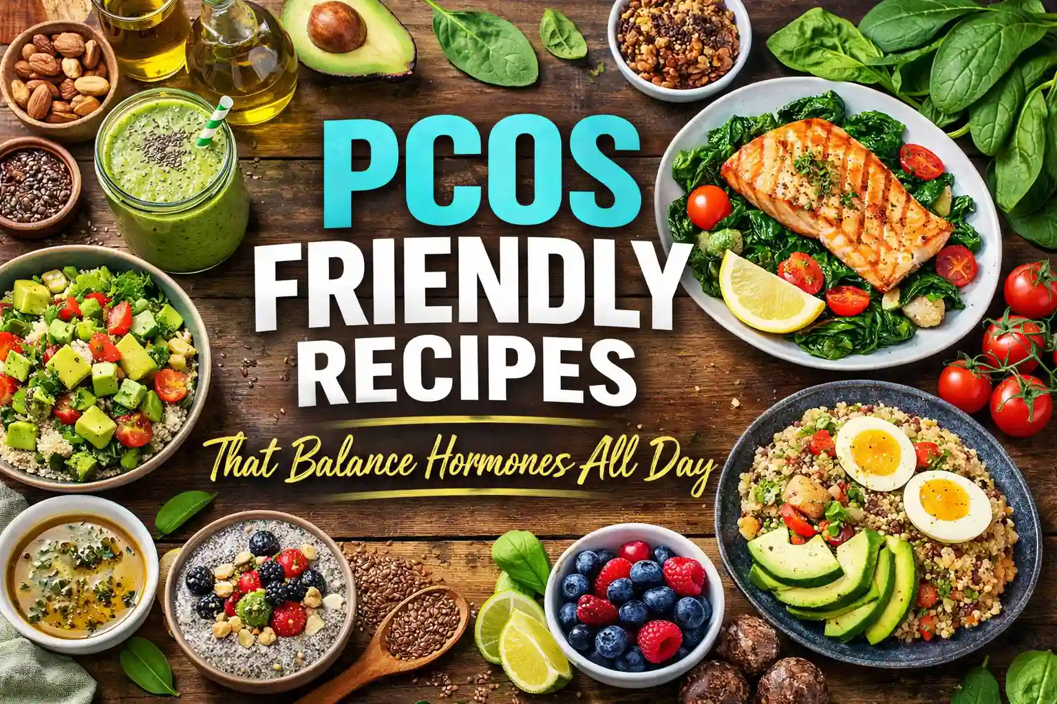 PCOS friendly recipes with balanced meals including protein fiber and healthy fats to support hormone balance and blood sugar control