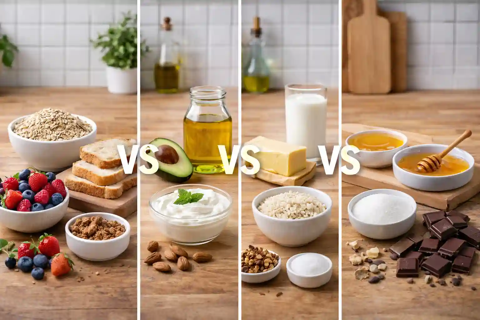 Kitchen counter showing simple ingredient swaps side by side for healthier low glycemic cooking choices