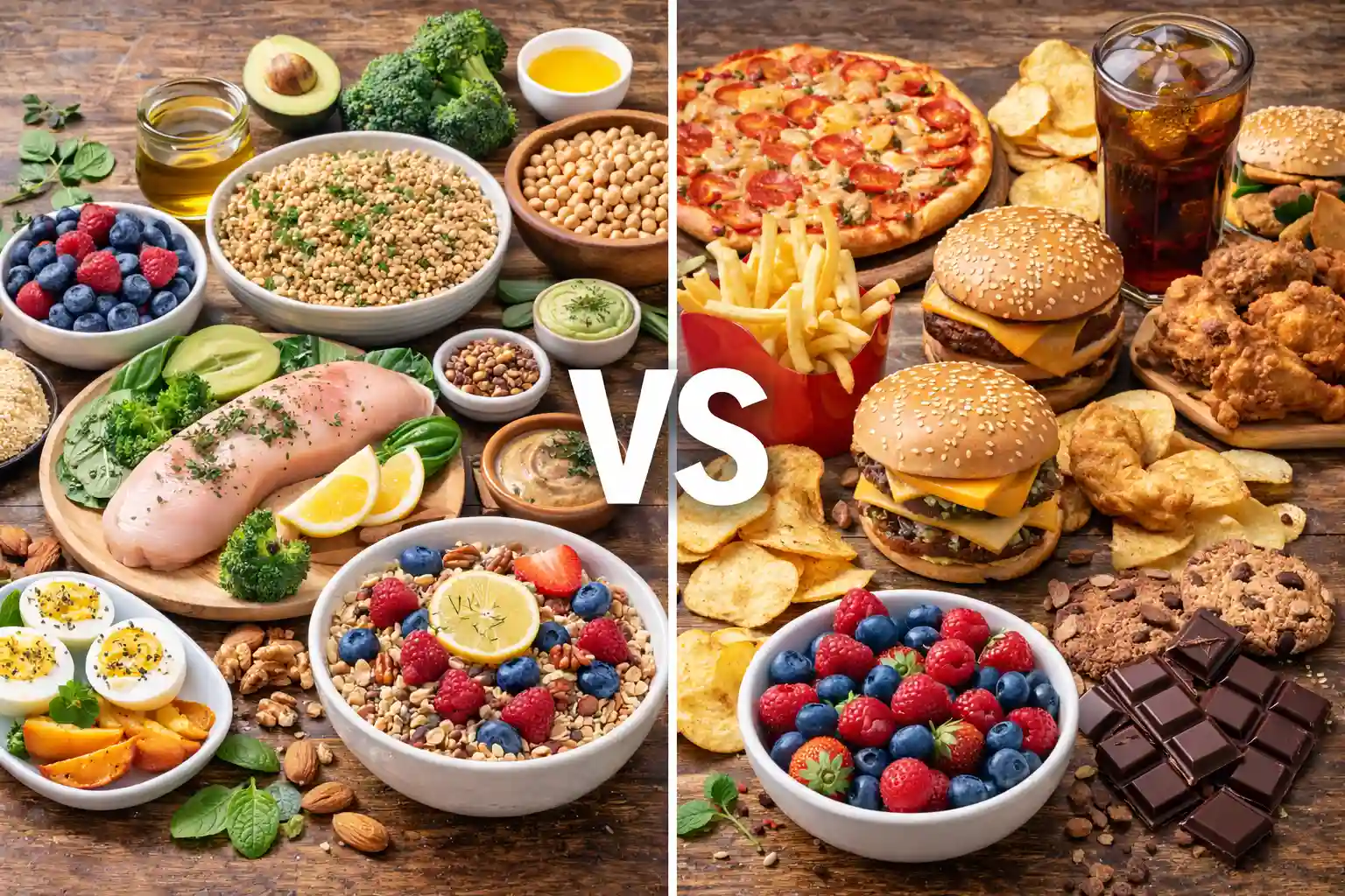 Side by side comparison of whole foods and highly processed foods showing differences in ingredients and meal quality