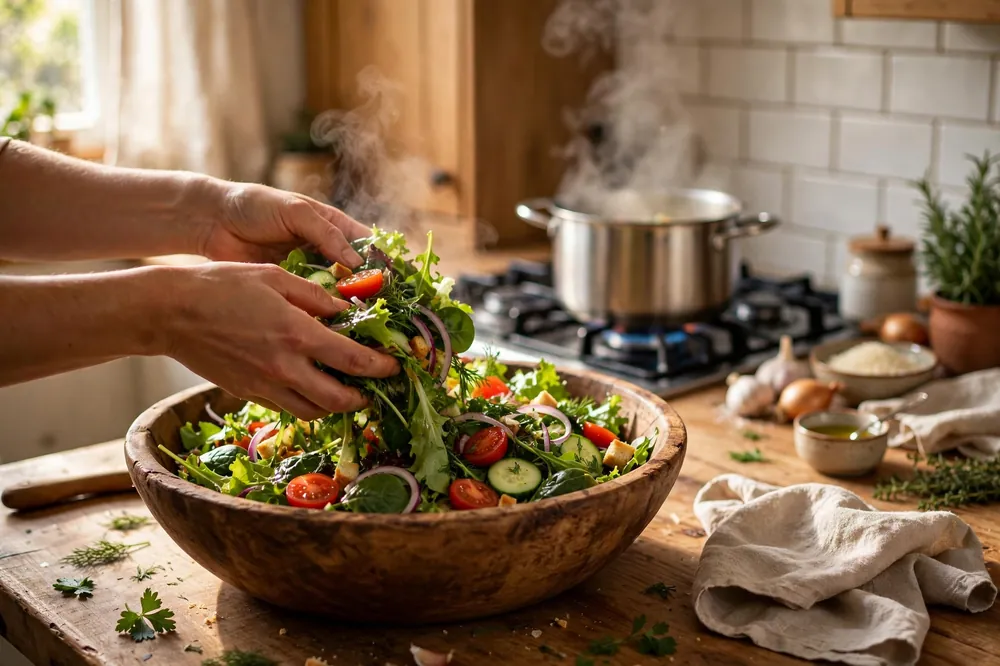 Hands tossing a fresh salad in a rustic home kitchen with steam rising from a pot