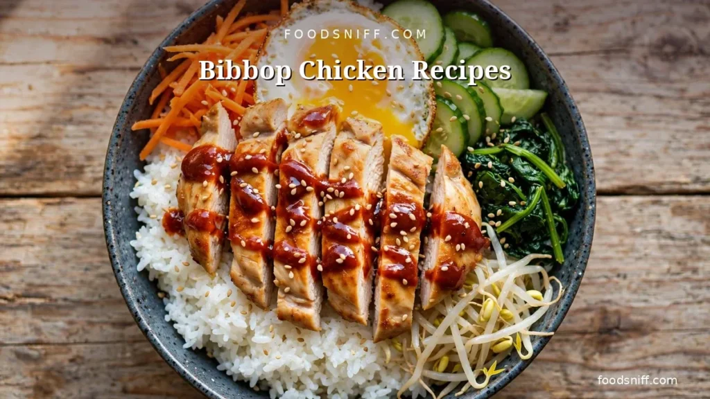 Bibbop chicken recipes: Korean rice bowl with sliced grilled chicken, gochujang drizzle, carrots, cucumber, spinach, bean sprouts, and a fried egg