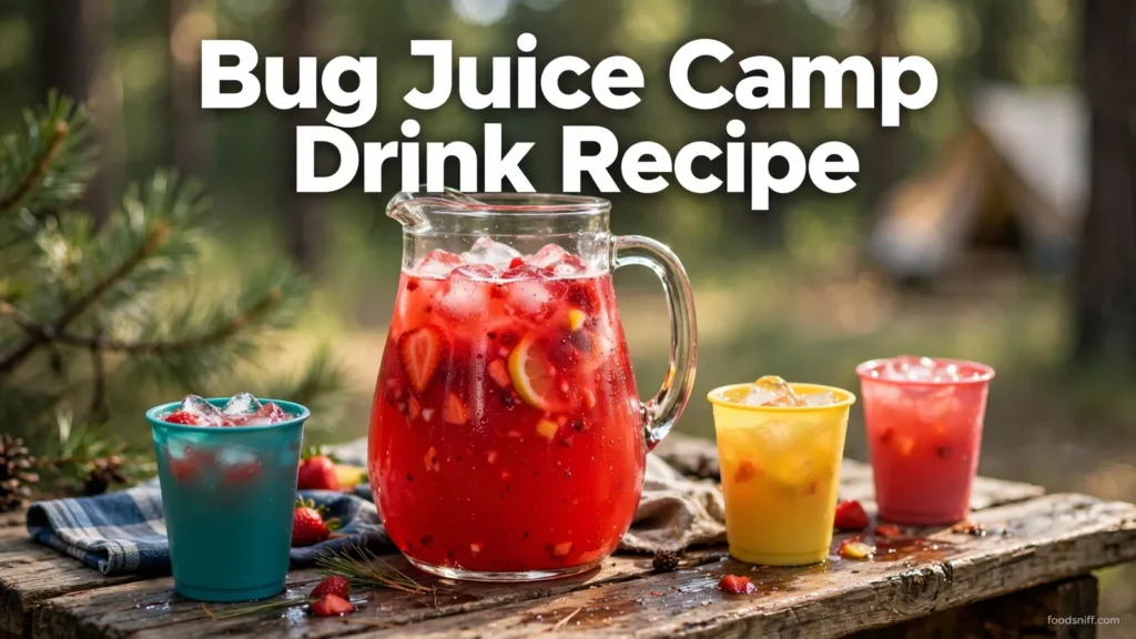 Pitcher of red bug juice camp drink with colorful cups on a camp table