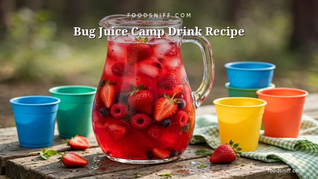 Glass pitcher of red berry bug juice camp drink with colorful camp cups