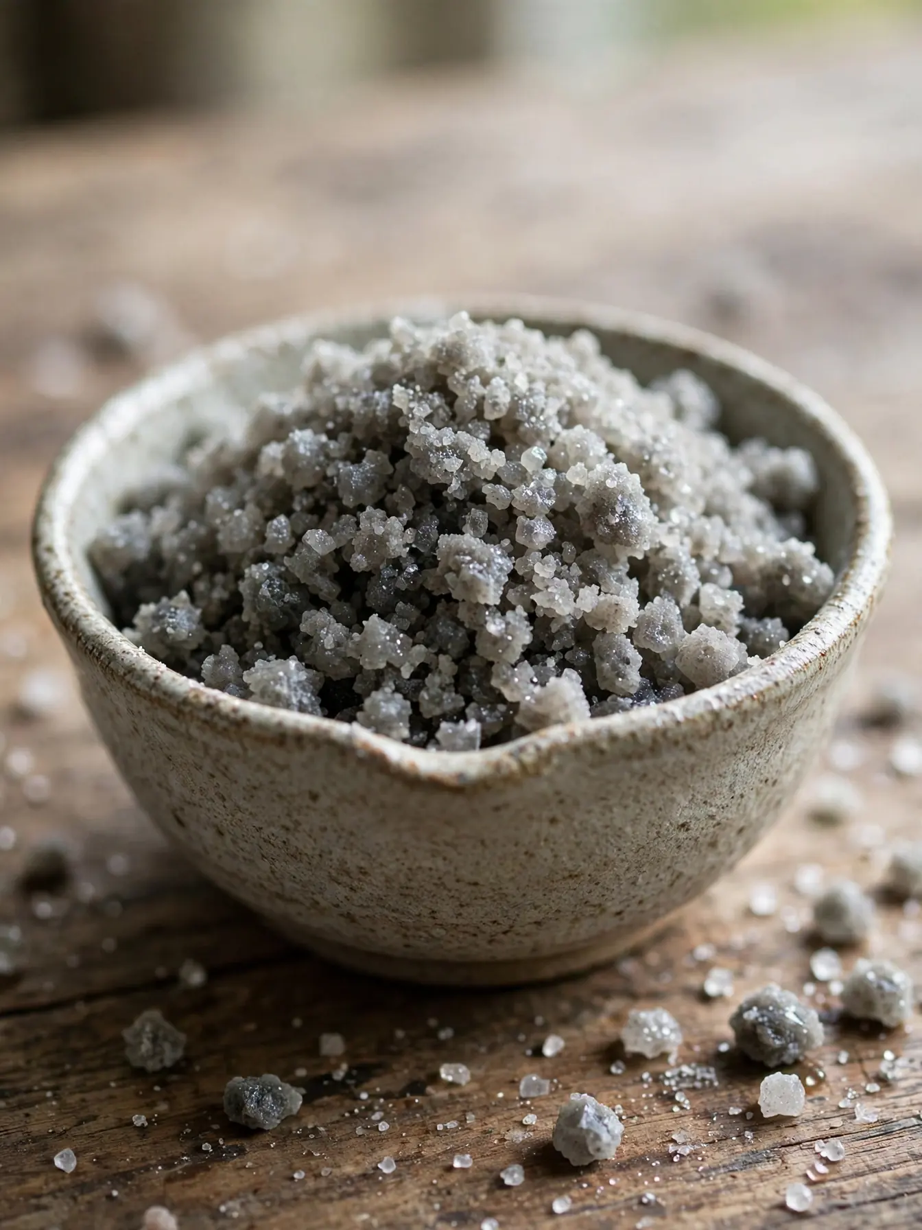 Close-up of moist coarse gray Celtic salt crystals in a ceramic bowl