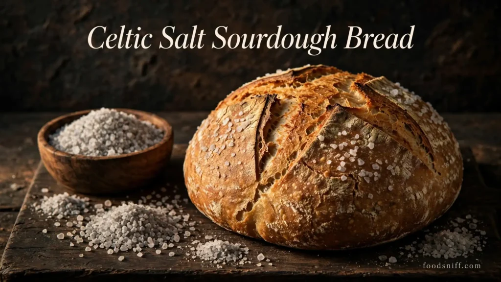 Golden sourdough bread loaf with a bowl of coarse gray Celtic salt on a rustic wooden board