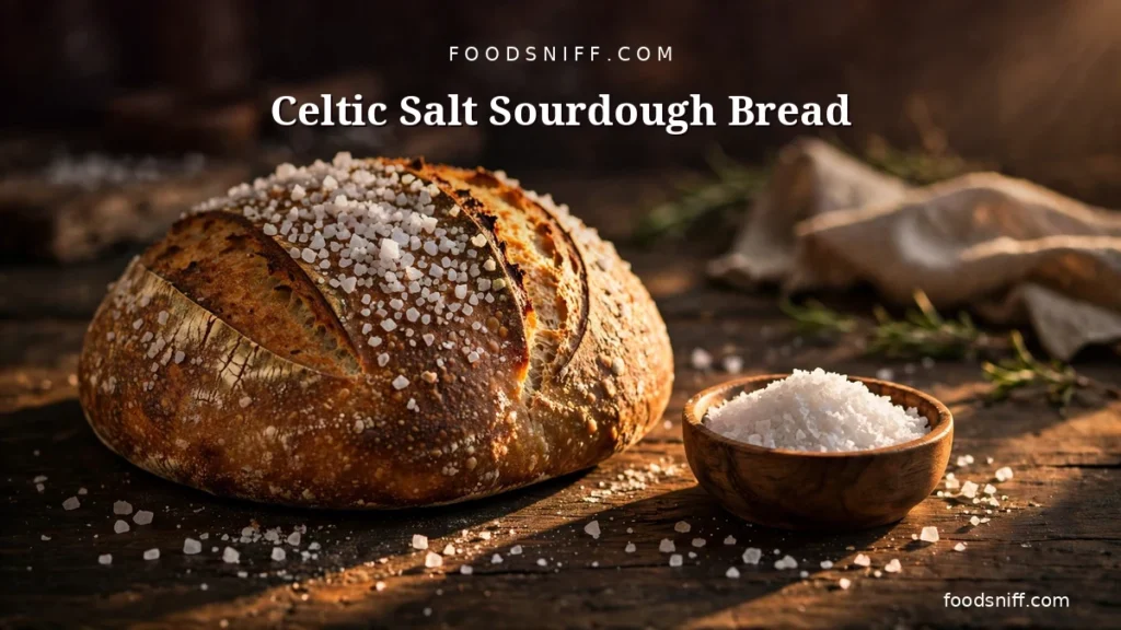 Rustic sourdough bread loaf topped with coarse celtic sea salt crystals