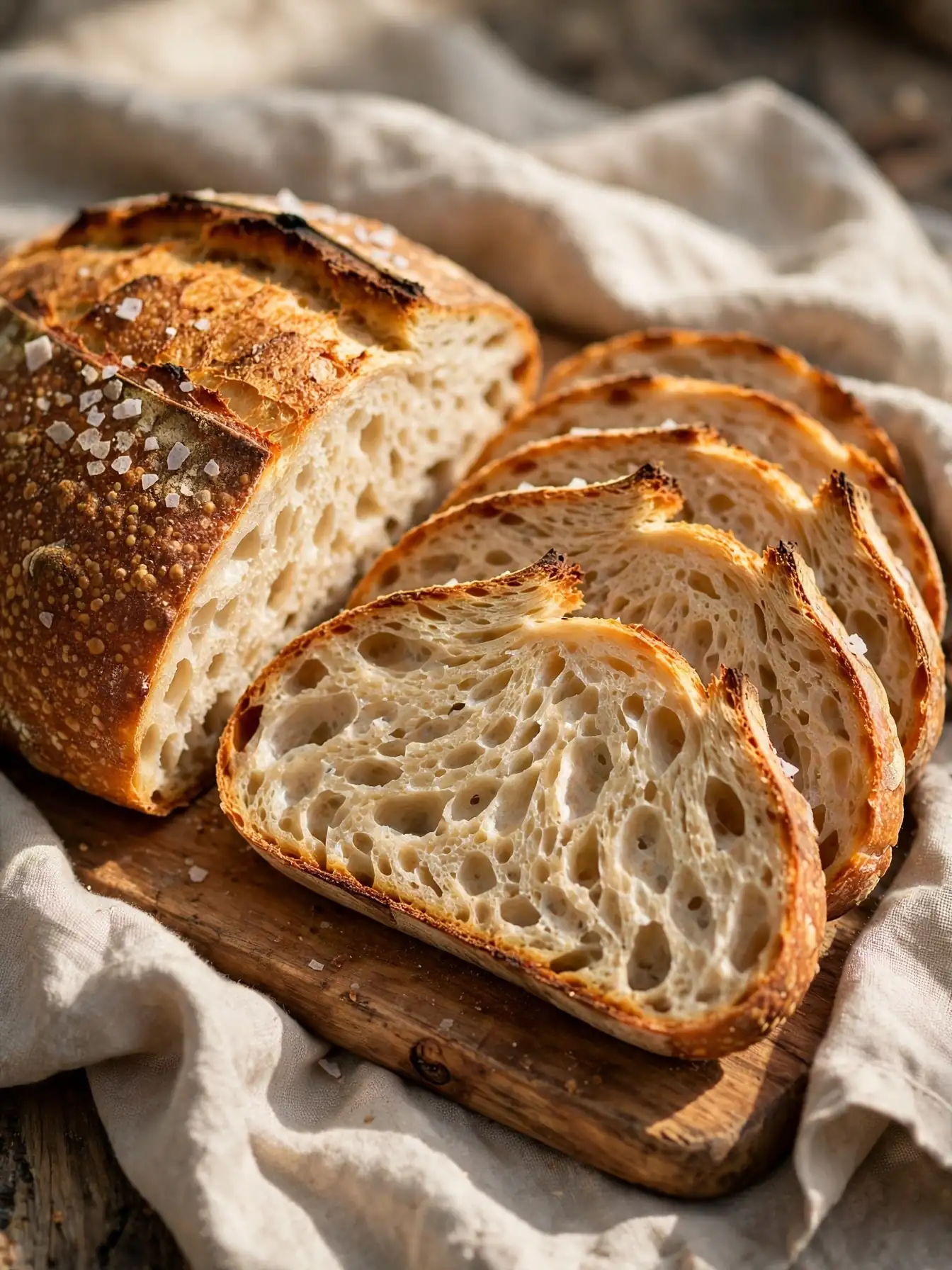Sliced rustic sourdough loaf showing open airy crumb and golden crust