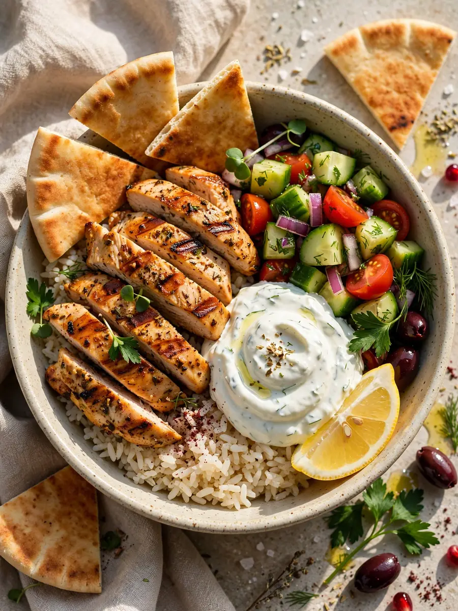 Chicken kebab bowl with rice, tzatziki, pita, and fresh vegetables