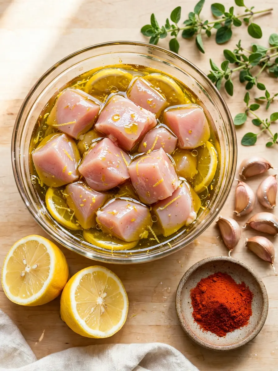 Chicken kebab pieces marinating in Mediterranean lemon garlic marinade