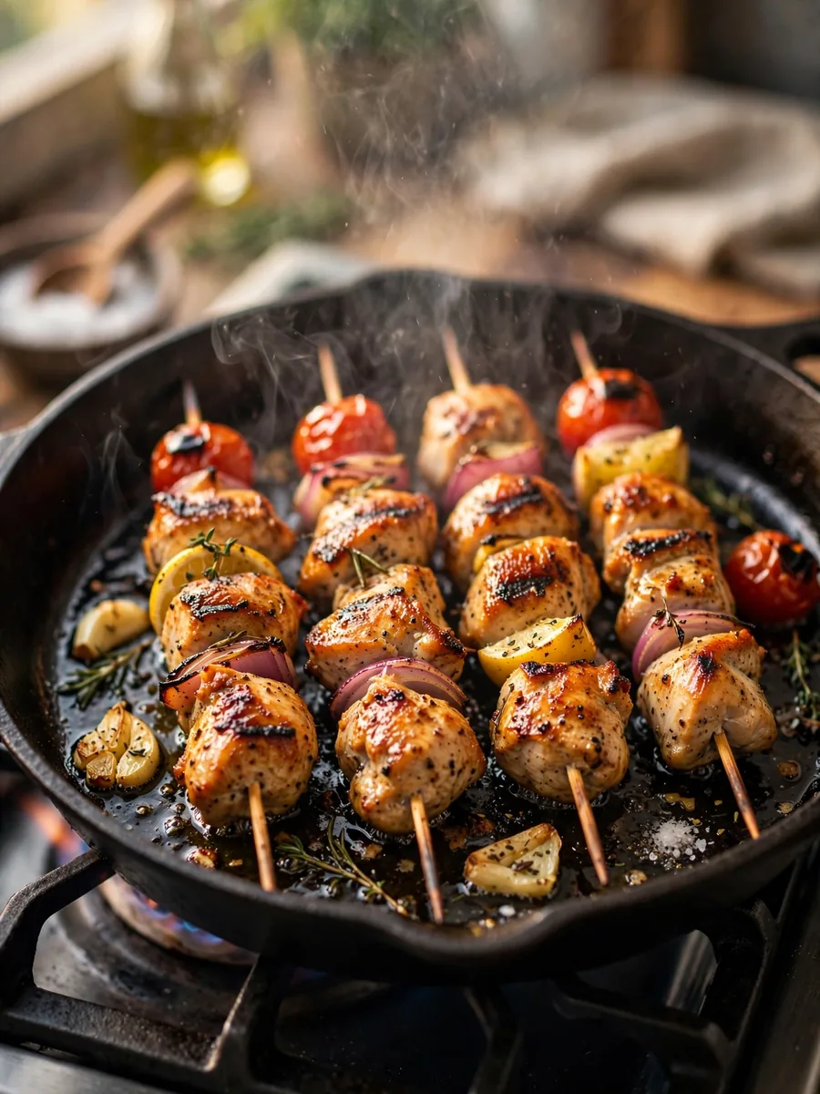 Costco chicken skewers sizzling in a grill pan