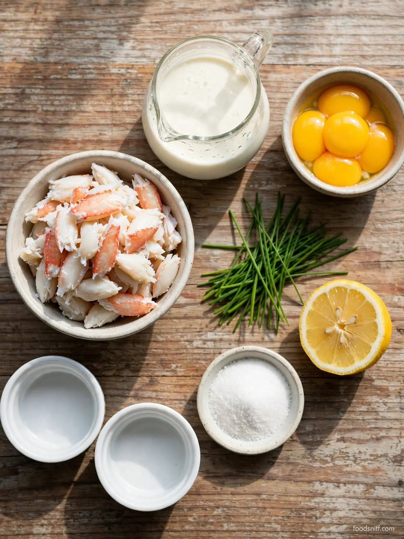 Ingredients for crab brulee arranged on a wooden table: lump crab meat, heavy cream, egg yolks, chives, lemon, and sugar