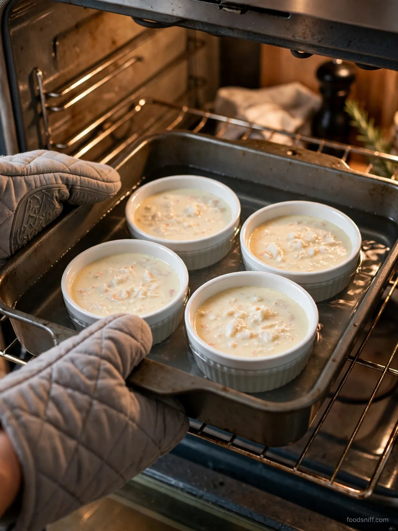 Crab brulee ramekins baking in a hot water bath inside the oven